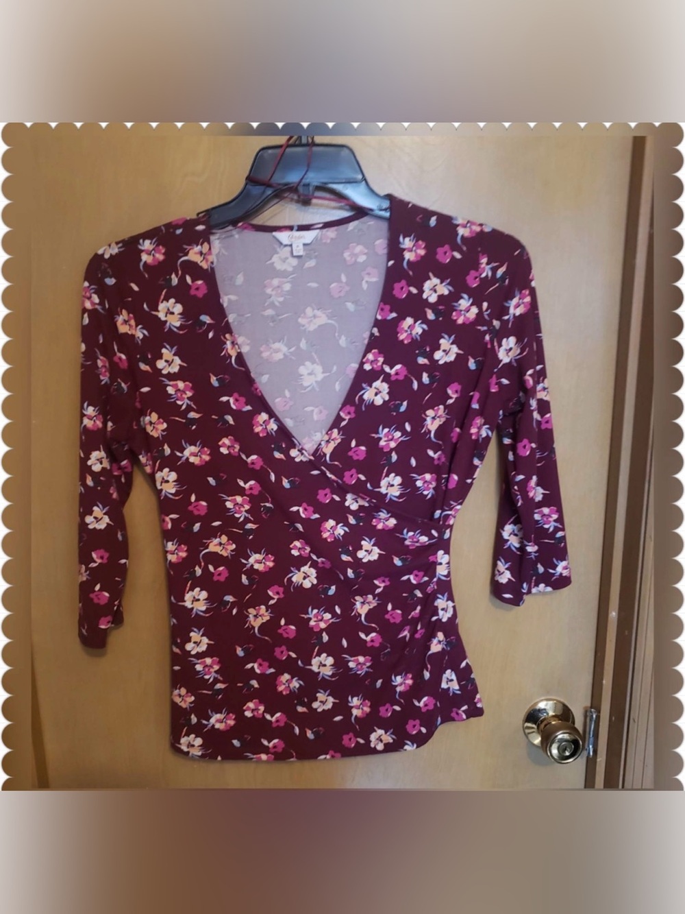 Candie’s Burgundy Floral Wrap-Style Long Sleeve Tee